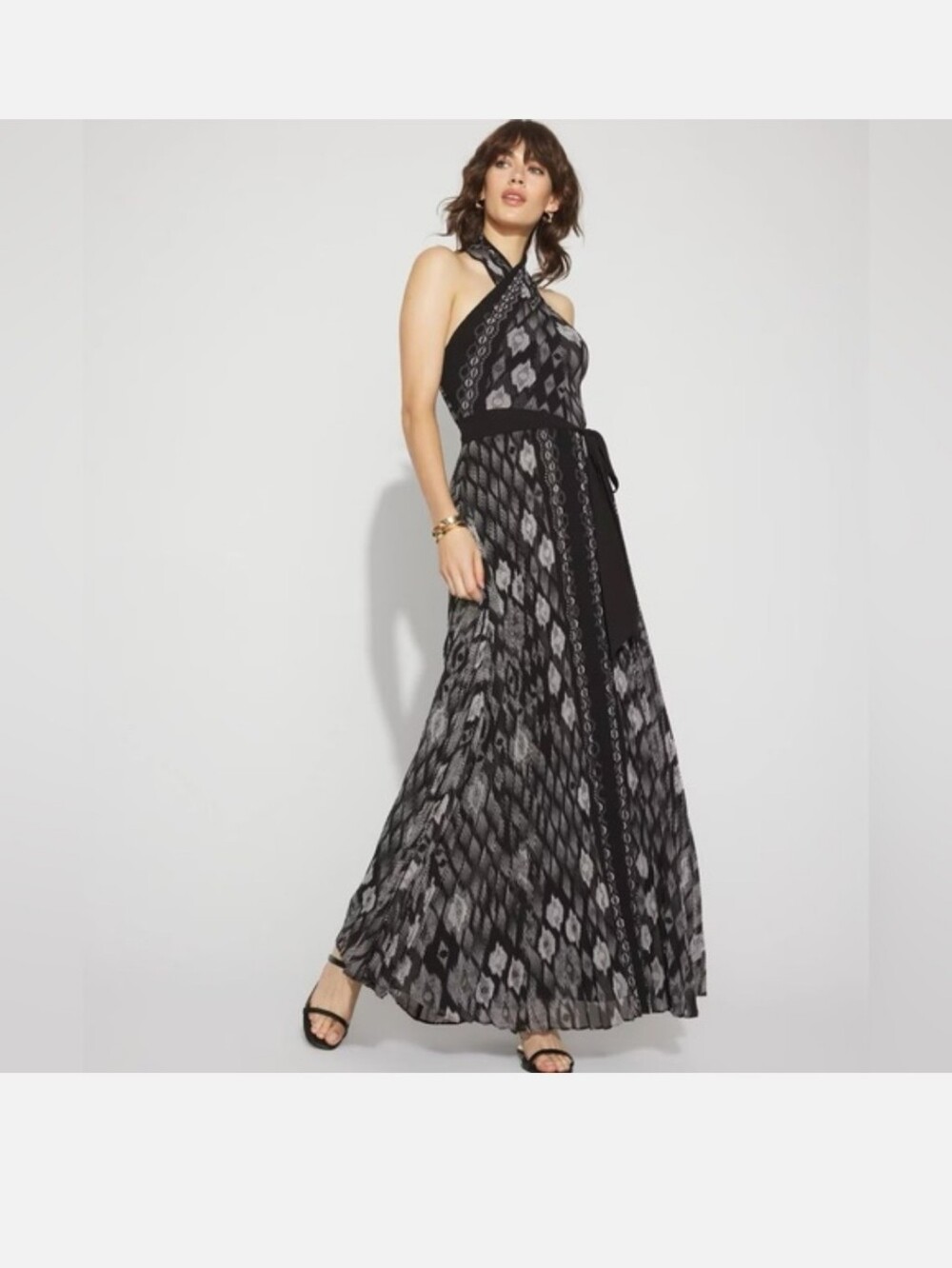 White House Black Market Black and Gray Printed Halter Maxi Dress